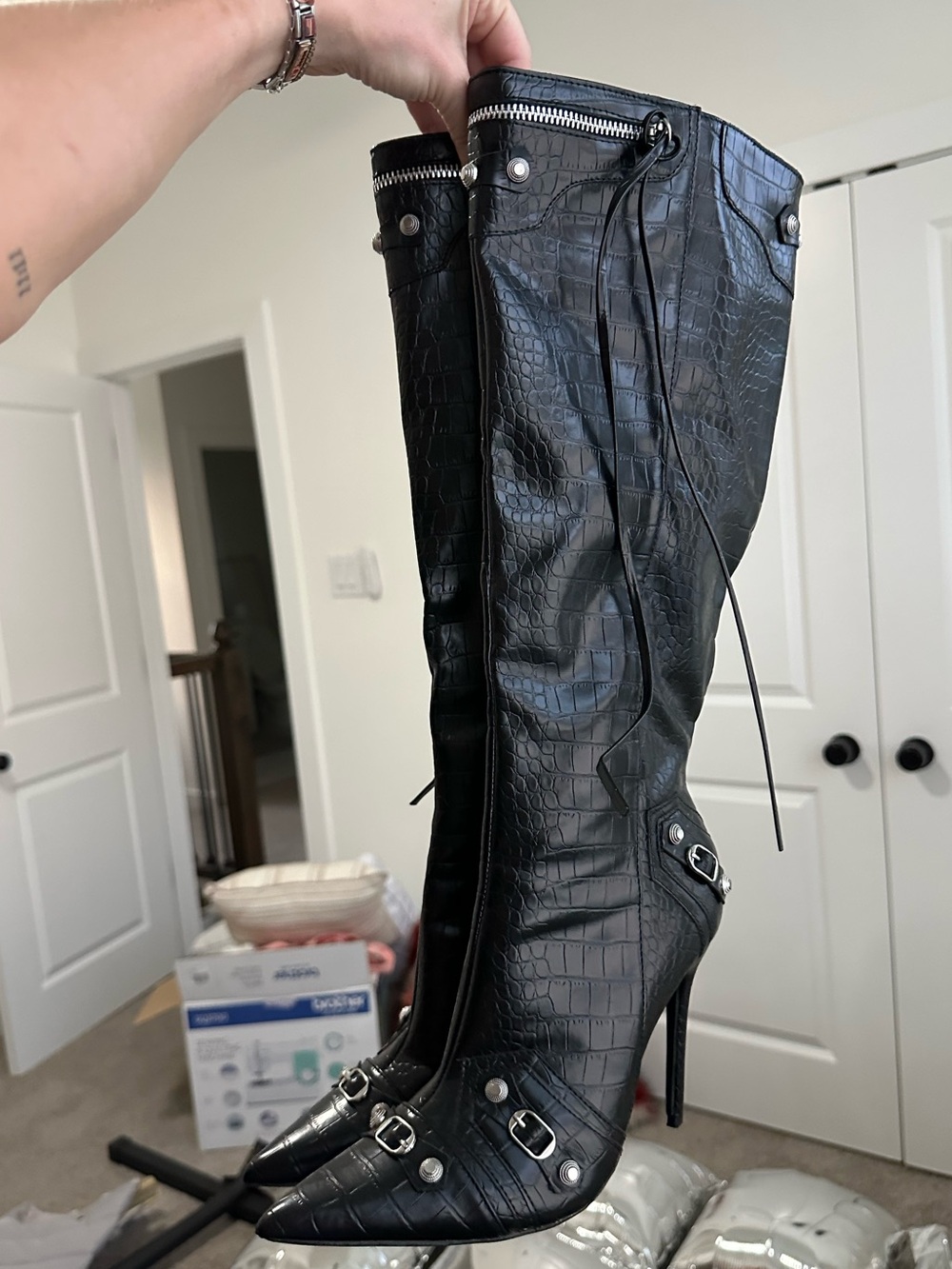 EGO Black Croc-Embossed Pointed Toe Knee Boots